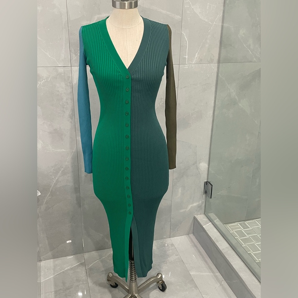 STAUD Green and Blue Ribbed Bodycon Dress